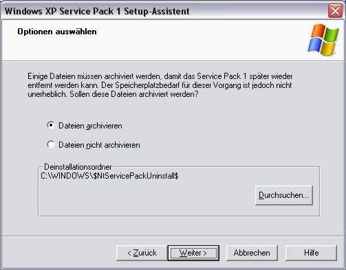 Dateien vor dem Aufspielen des ServicePack archivieren