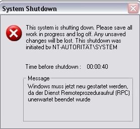 Shutdown-Dialog des W32.Blaster- bzw. LovSan-Wurms