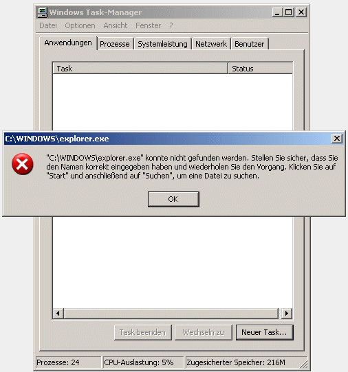 C:\Windows\explorer.exe konnte nicht gefunden werden
